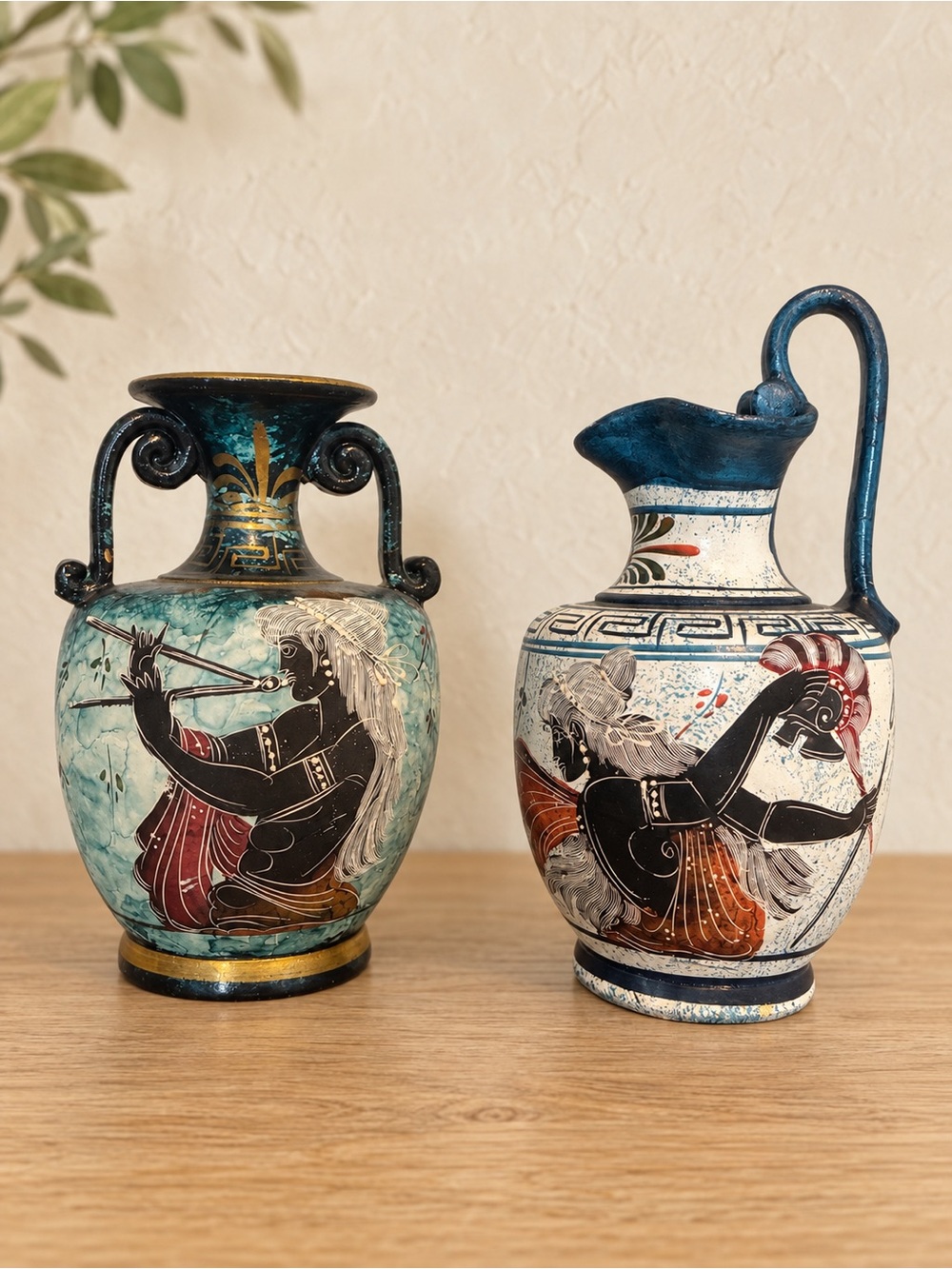 Handpainted Ceramic Vase Pair in Teal, Blue and White